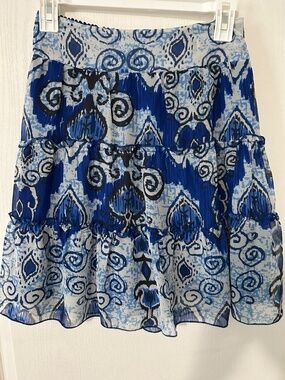 Skirt Blue Ikat Tiered Ruffle Mini Boho Chic
